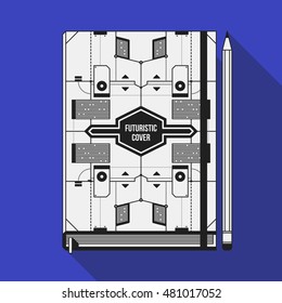 Book cover design template. Notebook mockup. Geometric futuristic elements.