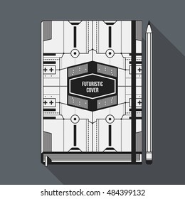 Book cover design template. Notebook mockup. Geometric futuristic elements.