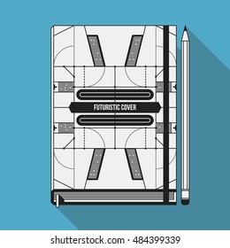 Book cover design template. Notebook mockup. Geometric futuristic elements.