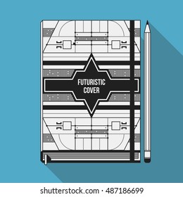 Book cover design template. Notebook mockup. Geometric futuristic elements.