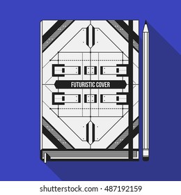 Book cover design template. Notebook mockup. Geometric futuristic elements.