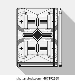 Book cover design template. Notebook mockup. Geometric futuristic elements.