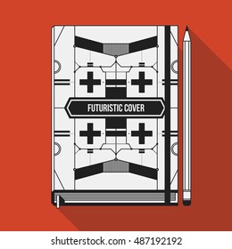 Book cover design template. Notebook mockup. Geometric futuristic elements.