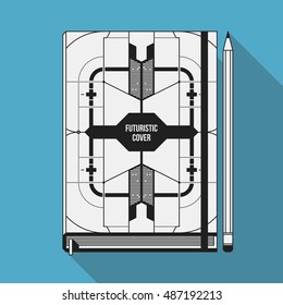 Book cover design template. Notebook mockup. Geometric futuristic elements.