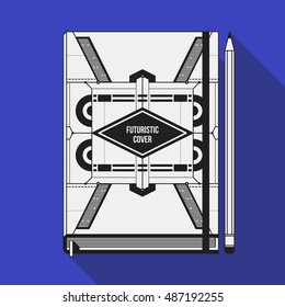 Book cover design template. Notebook mockup. Geometric futuristic elements.