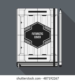 Book cover design template. Notebook mockup. Geometric futuristic elements.