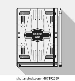 Book cover design template. Notebook mockup. Geometric futuristic elements.