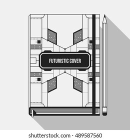 Book cover design template. Notebook mockup. Geometric futuristic elements.