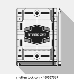 Book cover design template. Notebook mockup. Geometric futuristic elements.