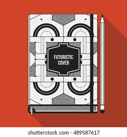 Book cover design template. Notebook mockup. Geometric futuristic elements.