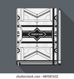 Book cover design template. Notebook mockup. Geometric futuristic elements.
