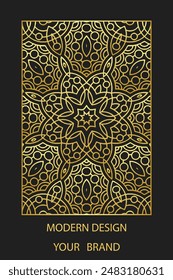 Book cover design, unique vertical template. Black background with geometric stained glass gold pattern in frame. Place for text. Ethnic ornaments of the East, Asia, India, Mexico, Aztec, Peru.