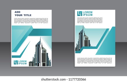 book cover design. Vector modern brochure with arrow design, abstract flayer with background of monochrome buildings. Layout template.