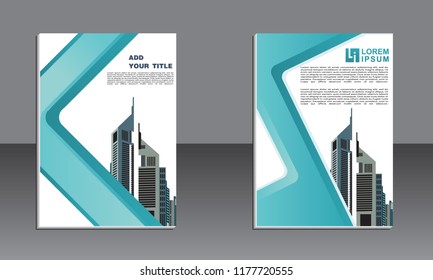 book cover design. Vector modern brochure with arrow design, abstract flayer with background of monochrome buildings. Layout template.