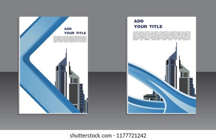 book cover design. Vector modern brochure with arrow design, abstract flayer with background of monochrome buildings. Layout template.