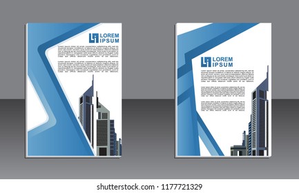 book cover design. Vector modern brochure with arrow design, abstract flayer with background of monochrome buildings. Layout template.