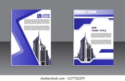 book cover design. Vector modern brochure with arrow design, abstract flayer with background of monochrome buildings. Layout template.