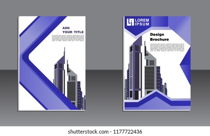 book cover design. Vector modern brochure with arrow design, abstract flayer with background of monochrome buildings. Layout template.