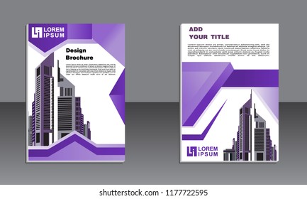 book cover design. Vector modern brochure with arrow design, abstract flayer with background of monochrome buildings. Layout template.