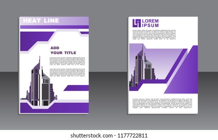 book cover design. Vector modern brochure with arrow design, abstract flayer with background of monochrome buildings. Layout template.