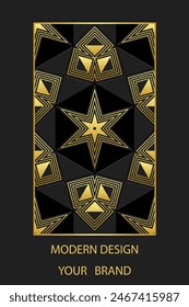 Book cover design, vertical template, black background with geometric ethnic gold pattern, stained glass in frame. Place for text. Unique ornaments East, Asia, India, Mexico, Aztec, Peru.