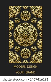 Book cover design, vertical template, black background with geometric ethnic gold pattern, stained glass in frame. Place for text. Artistic ornaments of the East, Asia, India, Mexico, Aztec, Peru.