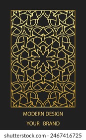 Book cover design, vertical template, black background with geometric ethnic gold pattern, stained glass in frame. Place for text. Abstract ornaments of the East, Asia, India, Mexico, Aztec, Peru.