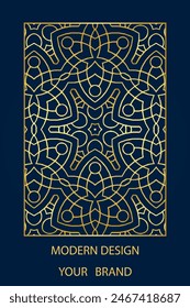 Book cover design, vertical template, blue background with geometric ethnic gold pattern, stained glass in frame. Place for text. Stylish ornaments of the East, Asia, India, Mexico, Aztec, Peru.