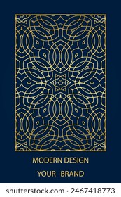 Book cover design, vertical template, blue background with geometric ethnic gold pattern, stained glass in frame. Place for text. Abstract ornaments of the East, Asia, India, Mexico, Aztec, Peru.