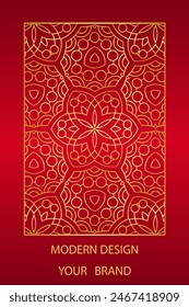 Buchcover-Design, vertikale Vorlage, roter Hintergrund mit geometrischem ethnischen Goldmuster, Buntglas im Rahmen. Platz für Text. Künstlerische Ornamente aus dem Osten, Asien, Indien, Mexiko, Azteken, Peru.