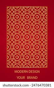 Book cover design, vertical template, red background with geometric elegant golden pattern, stained glass in frame. Place for text. Ethnic ornaments, arabesques of the East, Asia, India, Mexico, Aztec