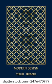 Book cover design, vertical template, blue background with geometric stained glass gold pattern, stained glass in frame. Place for text. Ethnic ornaments, arabesques of the East, Asia, India, Mexico, 
