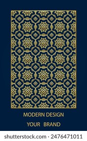 Diseño de portada de libro, Plantilla de Vertical, fondo azul con patrón de oro artístico geométrico, vitrales enmarcados. Lugar para el texto. Ornamentos étnicos, arabescos de Oriente, Asia, India, México, Azteca, 