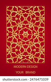 Diseño de portada de libro, Plantilla de Vertical, fondo rojo con patrón geométrico de oro exótico, vitral en marco. Lugar para el texto. Ornamentos étnicos, arabescos de Oriente, Asia, India, México, Azteca