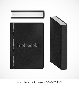 Book cover in different views on white background. Vector illustration. Vector book with textured black cover.