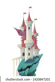 Book cover fairy tale illustration castle and dragon