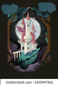 Book cover fairy tale illustration castle and dragon in front of night sky and moon
