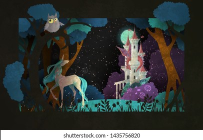 Book cover fairy tale illustration unicorn in front of castle, dragon, night sky and moon