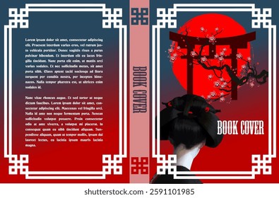 Book cover featuring a japanese woman with traditional hairstyle, a torii gate, cherry blossoms, and a red sun, evoking a sense of serenity and cultural richness. Hand drawn Illustration