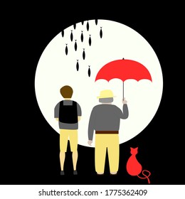 Book Cover Flat vector illustration, Old Man & Cat, Boy with backpack and fishes falling from sky  