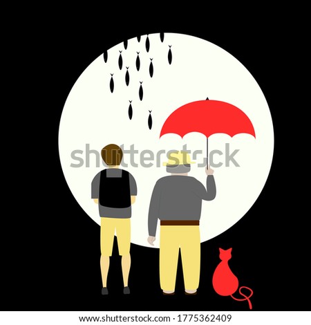 Book Cover Flat vector illustration, Old Man & Cat, Boy with backpack and fishes falling from sky  