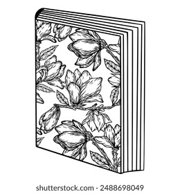 A book with a cover of flowers. Sketch engraving vector illustration. Design of clothing printing on T-shirts. Vintage black ink drawing without background.