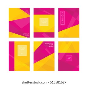 Book cover geometric abstract design. Presentation templates in pink and yellow. Set of six color cards vectors.