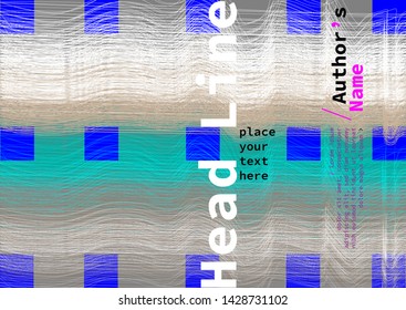 Book cover with grey background, bright blue square pattern, abstract multicolored linear texture and headline