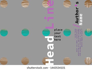Book cover grey background with brown and turquoise circles, abstract line texture and headline