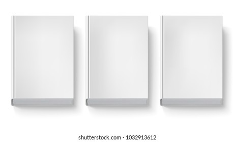 Book cover isolated on white background. Three blank books without text and drawings, top view with shadows. 3D illustration, object for design and branding.