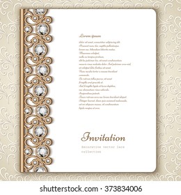Book cover with jewelry gold border ornament, vintage wedding invitation or announcement template, eps10 vector illustration