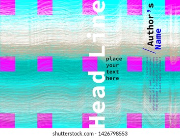 Book cover with light blue background , bright violet square pattern, abstract multicolored linear texture and headline