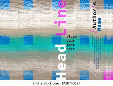 Book cover with light brown background, blue and violet square pattern, abstract multicolored linear texture and headline