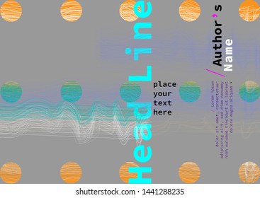 Book cover light grey background with orange circles, abstract line texture and bright turquoise header